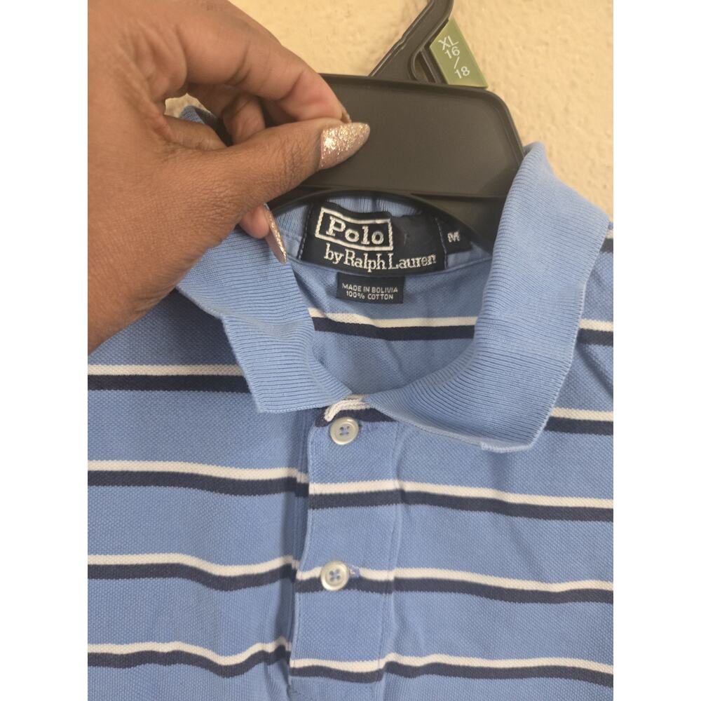 Ralph Lauren Polo Shirt Mens Blue Stripped Casual Pony Short Sleeve Rugby, M - Picture 3 of 4